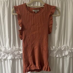 Zara Rust Ribbed Knit Tank with Ruffle Trim